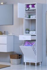 Seris Sepetli ve Çekmeceli Banyo Dolabı G:40 cm Çok Amaçlı Beyaz Düzenleyici 40x173x32,5 cm Dolap