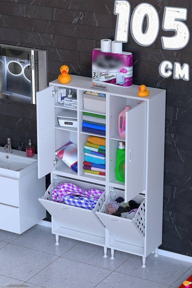 Saye 105 cm Banyo Dolabı Mutfak/Kiler Dolabı Oyuncak Sepeti Beyaz ((55+50)x160x32,5 cm)