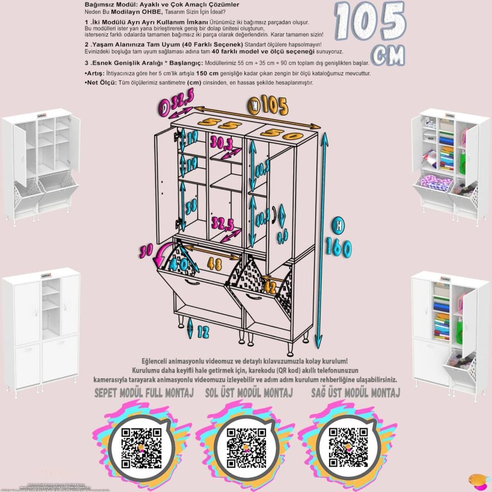 Saye 105 cm Banyo Dolabı Mutfak/Kiler Dolabı Oyuncak Sepeti Beyaz ((55+50)x160x32,5 cm)