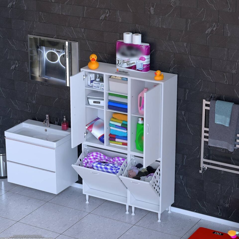 Saye 105 cm Banyo Dolabı Mutfak/Kiler Dolabı Oyuncak Sepeti Beyaz ((55+50)x160x32,5 cm)