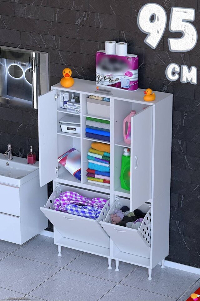 Beliz 95 cm Kapaklı Sepetli Banyo ve Kiler Dolabı Beyaz ((60+35)x160x32,5 cm)