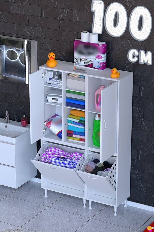 Beliz 100 cm Kapaklı Sepetli Banyo ve Kiler Dolabı Beyaz ((60+40)x160x32,5 cm)
