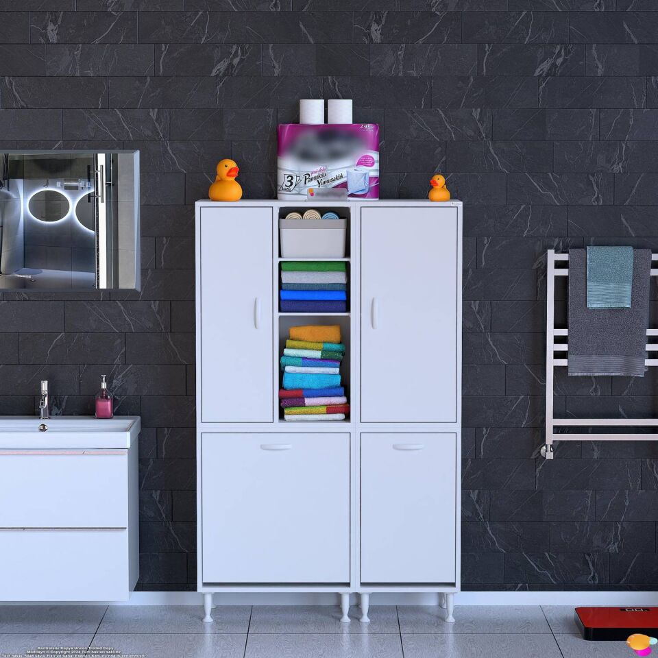 Beliz 105 cm Kapaklı Sepetli Banyo ve Kiler Dolabı Beyaz ((60+45)x160x32,5 cm)