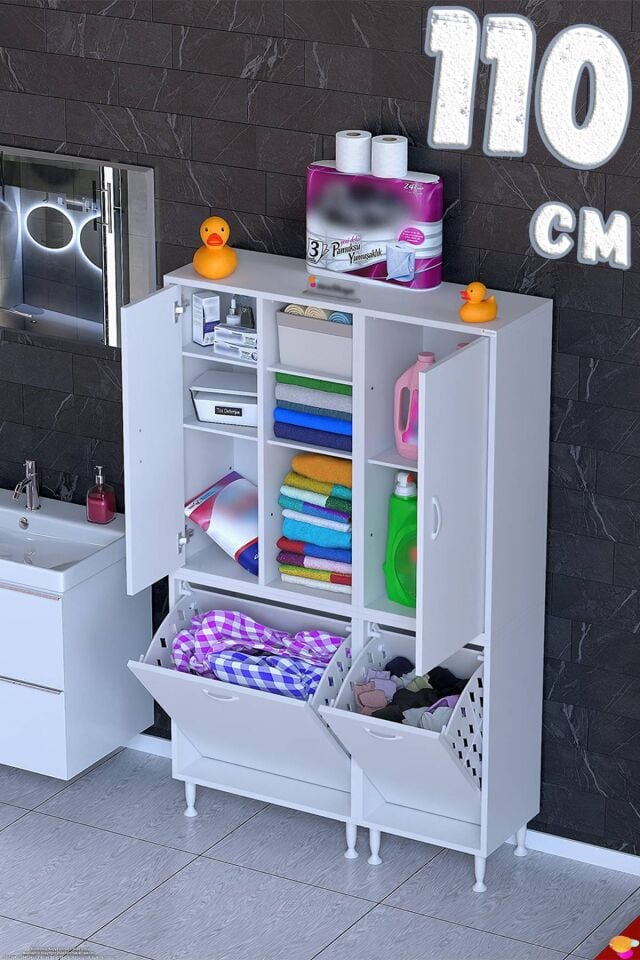Beliz 110 cm Kapaklı Sepetli Banyo ve Kiler Dolabı Beyaz ((60+50)x160x32,5 cm)