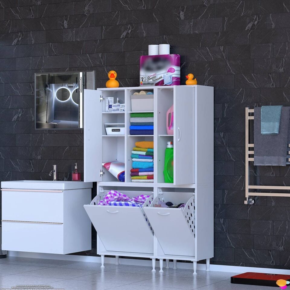 Beliz 110 cm Kapaklı Sepetli Banyo ve Kiler Dolabı Beyaz ((60+50)x160x32,5 cm)