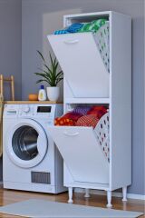 Veluna 40 cm Kirli Çamaşır Sepetli Dolap Banyo Dolabı Beyaz 40x138x32,5 cm 2 Sepetli Dolap