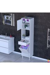 Seris Sepetli ve Çekmeceli Banyo Dolabı G:45 cm Çok Amaçlı Beyaz Düzenleyici 45x173x32,5 cm Dolap