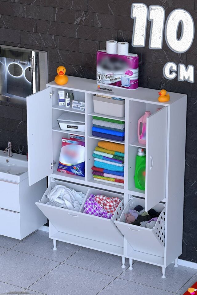 Mehtap 110 cm 3 Sepetli Beyaz Dolap Mutfak/Kiler Dolabı ((75+35)x160x32,5 cm)