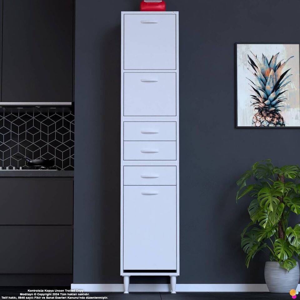 Yaren 35 cm Erzak Dolabı 2 Kapaklı 3 Çekmeceli Sepetli Çok Amaçlı Mutfak Kiler Dolabı 35x194x32 cm