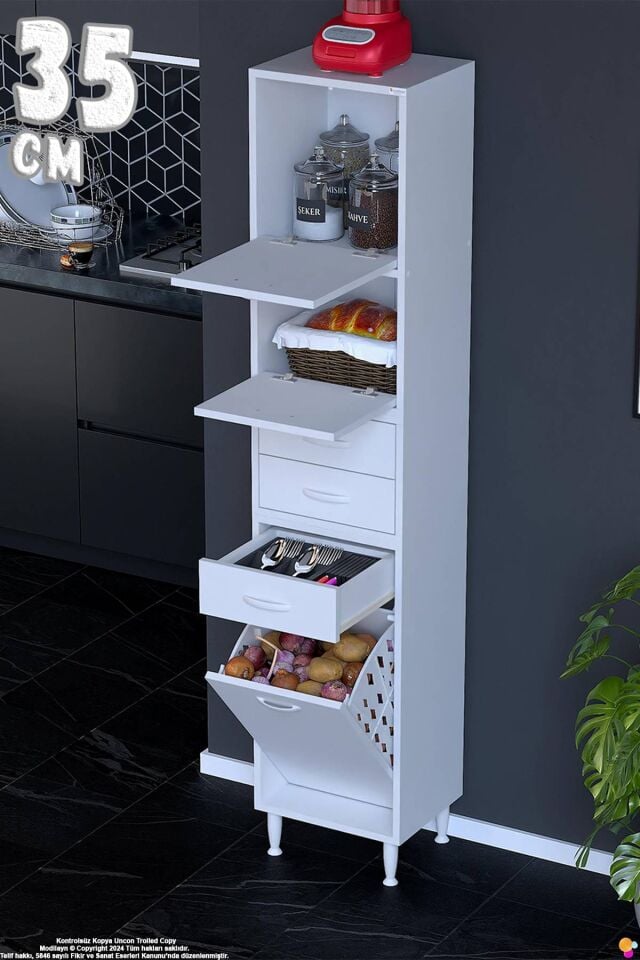 Yaren 35 cm Erzak Dolabı 2 Kapaklı 3 Çekmeceli Sepetli Çok Amaçlı Mutfak Kiler Dolabı 35x194x32 cm