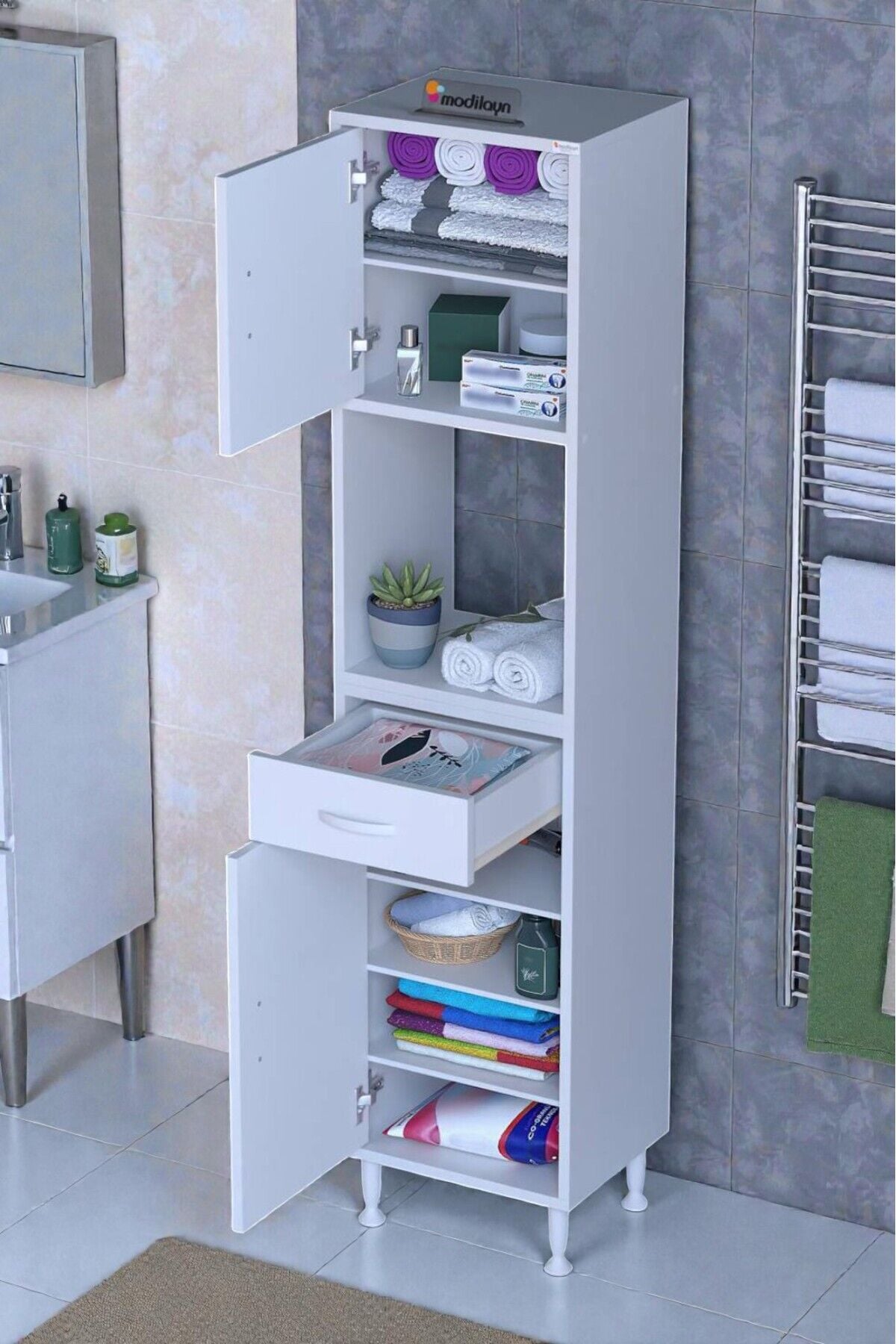 Aria 2 Kapak 4 Raflı 45 cm Beyaz Dolap 45x173x32,5 cm Boyutlarında Çok Amaçlı Beyaz Dolap