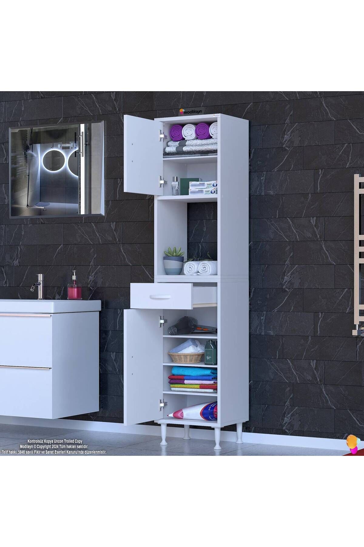 Aria 2 Kapak 4 Raflı 45 cm Beyaz Dolap 45x173x32,5 cm Boyutlarında Çok Amaçlı Beyaz Dolap
