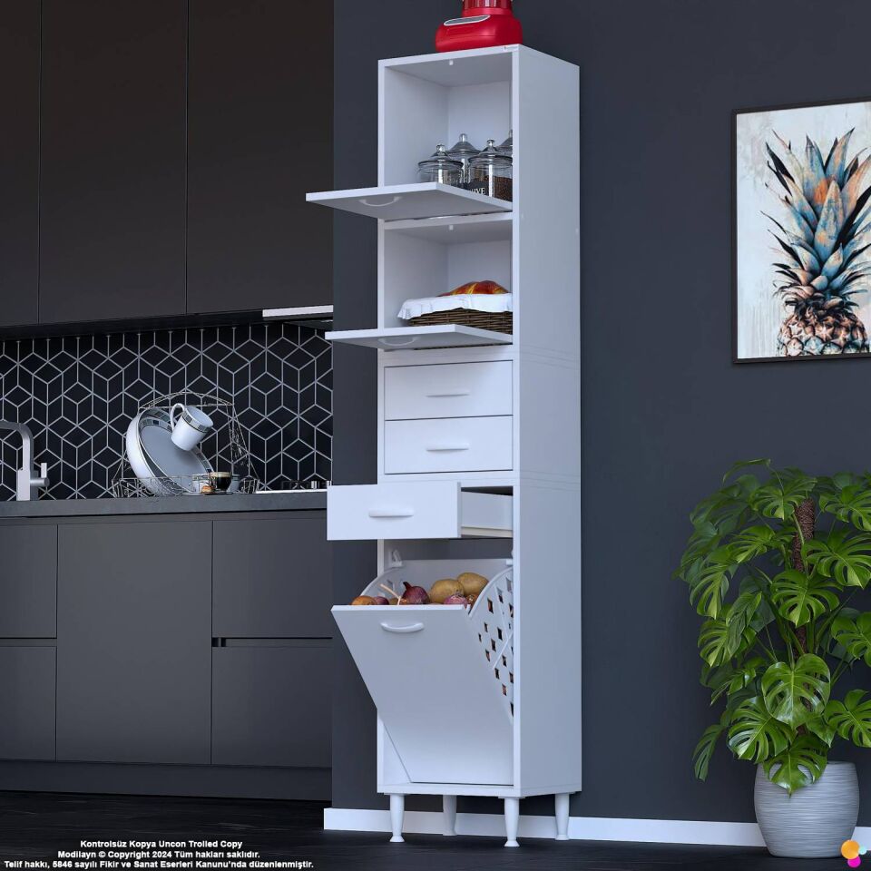 Yaren 40 cm Erzak Dolabı 2 Kapaklı 3 Çekmeceli Sepetli Çok Amaçlı Mutfak Kiler Dolabı 40x194x32 cm
