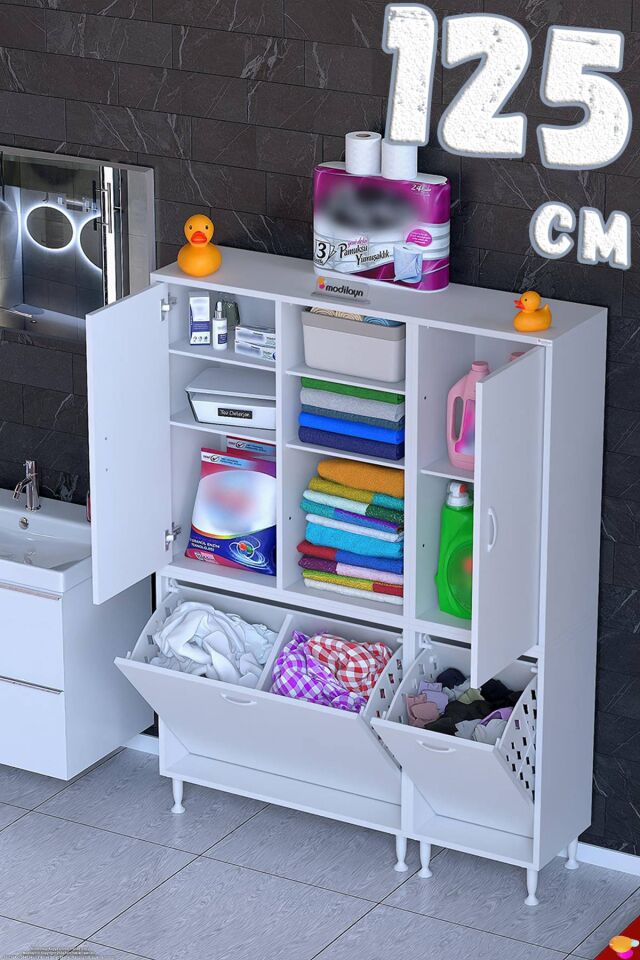 Mehtap 125 cm 3 Sepetli Beyaz Dolap Mutfak/Kiler Dolabı ((75+50)x160x32,5 cm)