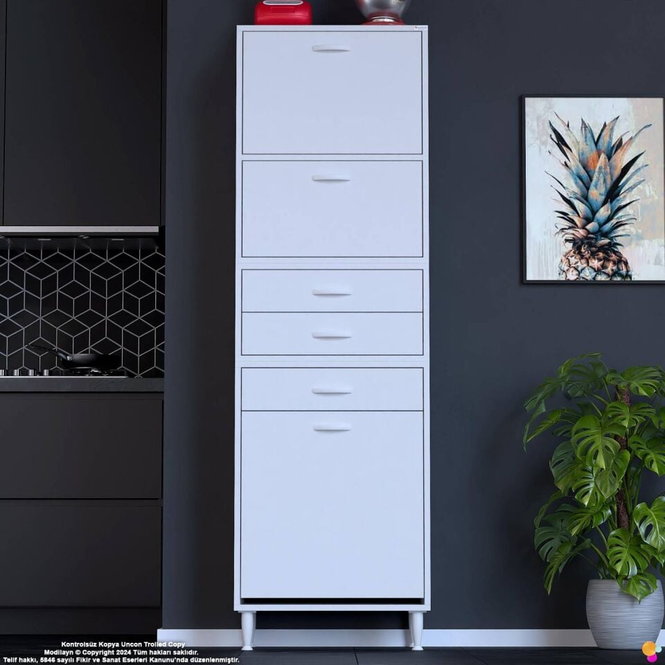 Yaren 55 cm Erzak Dolabı 2 Kapaklı 3 Çekmeceli Sepetli Çok Amaçlı Mutfak Kiler Dolabı 55x194x32 cm