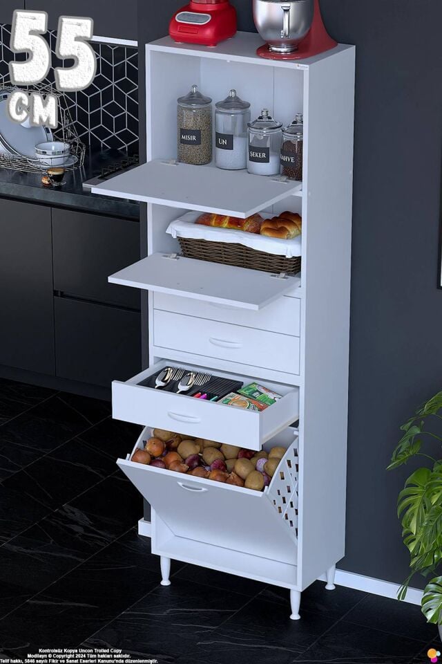 Yaren 55 cm Erzak Dolabı 2 Kapaklı 3 Çekmeceli Sepetli Çok Amaçlı Mutfak Kiler Dolabı 55x194x32 cm