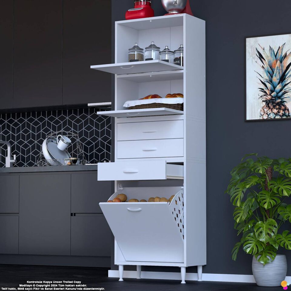 Yaren 60 cm Erzak Dolabı 2 Kapaklı 3 Çekmeceli Sepetli Çok Amaçlı Mutfak Kiler Dolabı 60x194x32 cm