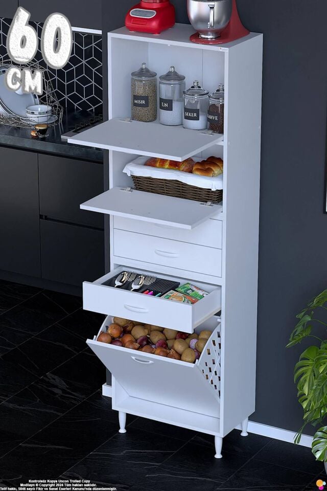 Yaren 60 cm Erzak Dolabı 2 Kapaklı 3 Çekmeceli Sepetli Çok Amaçlı Mutfak Kiler Dolabı 60x194x32 cm