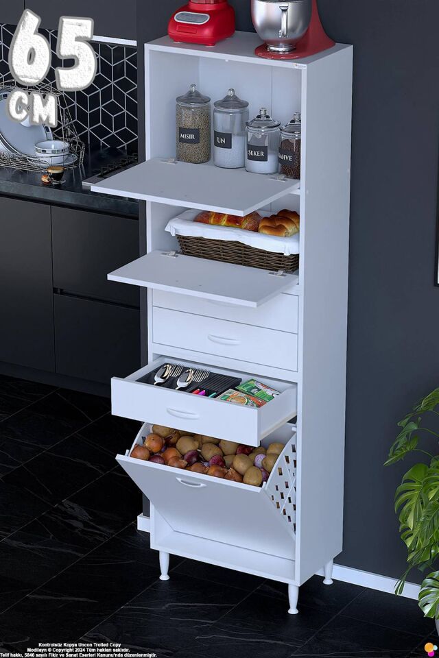 Yaren 65 cm Erzak Dolabı 2 Kapaklı 3 Çekmeceli Sepetli Çok Amaçlı Mutfak Kiler Dolabı 65x194x32 cm