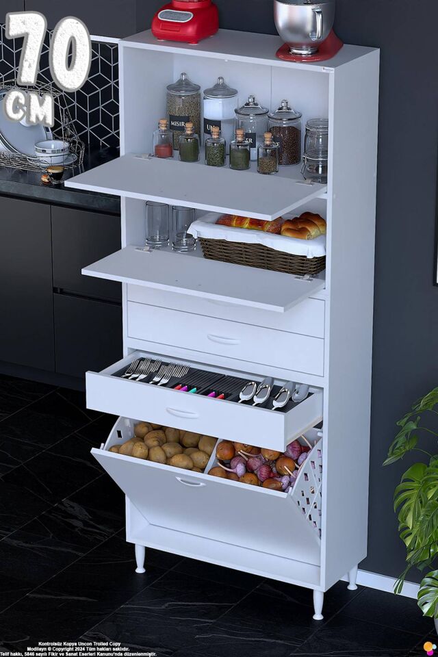 Yaren 70 cm Erzak Dolabı 2 Kapaklı 3 Çekmeceli Sepetli Çok Amaçlı Mutfak Kiler Dolabı 70x194x32 cm