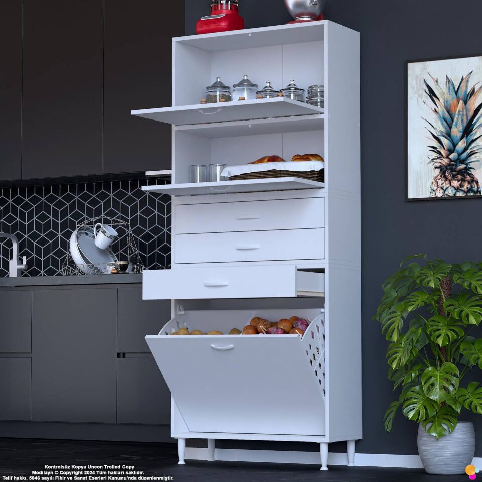 Yaren 75 cm Erzak Dolabı 2 Kapaklı 3 Çekmeceli Sepetli Çok Amaçlı Mutfak Kiler Dolabı 75x194x32 cm