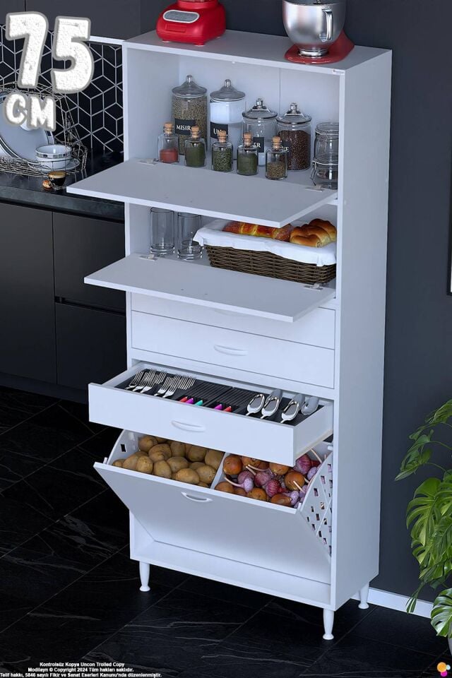 Yaren 75 cm Erzak Dolabı 2 Kapaklı 3 Çekmeceli Sepetli Çok Amaçlı Mutfak Kiler Dolabı 75x194x32 cm