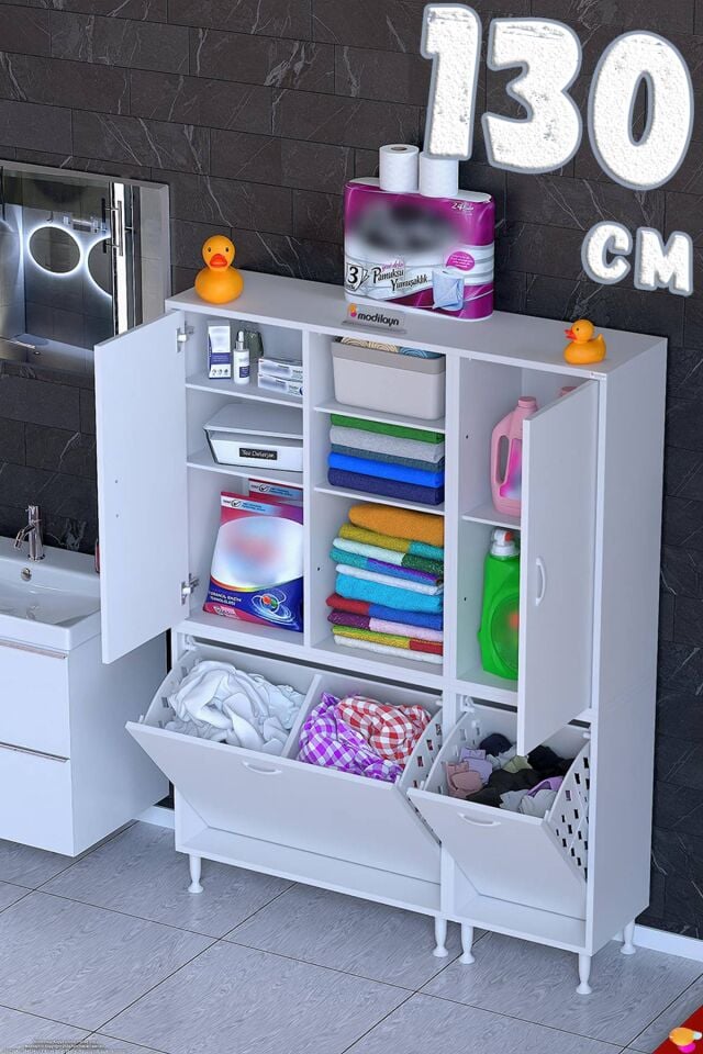 Sarp 130 cm Banyo Mutfak Fonksiyonel Sepetli Dolap ((85+45)x160x32,5 cm)