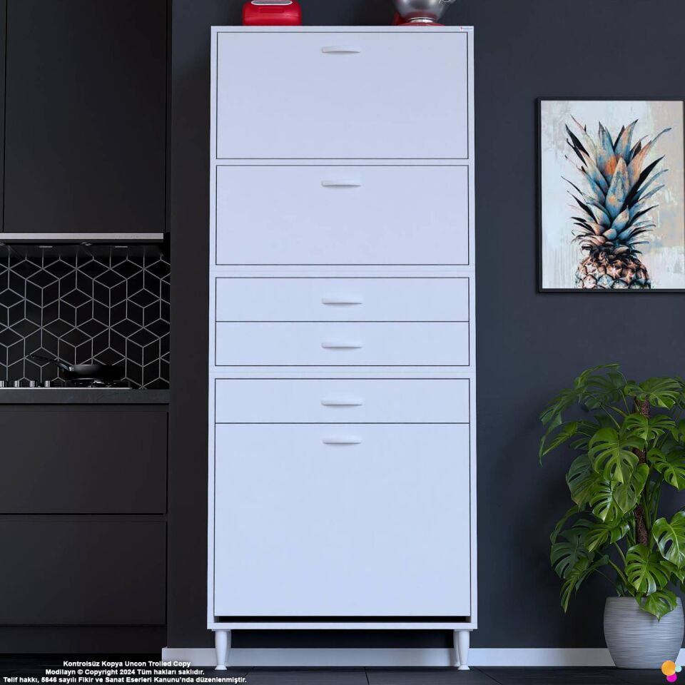 Yaren 85 cm Erzak Dolabı 2 Kapaklı 3 Çekmeceli Sepetli Çok Amaçlı Mutfak Kiler Dolabı 85x194x32 cm