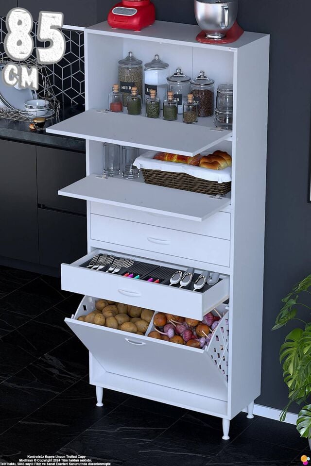 Yaren 85 cm Erzak Dolabı 2 Kapaklı 3 Çekmeceli Sepetli Çok Amaçlı Mutfak Kiler Dolabı 85x194x32 cm