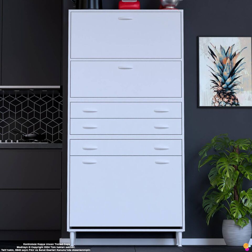Yaren 90 cm Erzak Dolabı 2 Kapaklı 3 Çekmeceli Sepetli Çok Amaçlı Mutfak Kiler Dolabı 90x194x32 cm