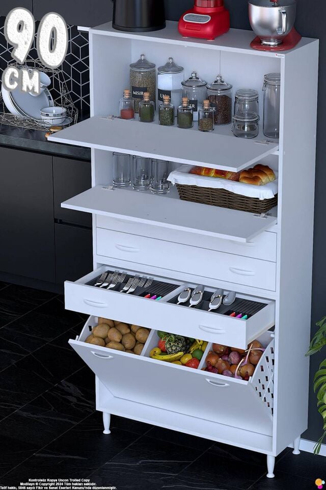 Yaren 90 cm Erzak Dolabı 2 Kapaklı 3 Çekmeceli Sepetli Çok Amaçlı Mutfak Kiler Dolabı 90x194x32 cm