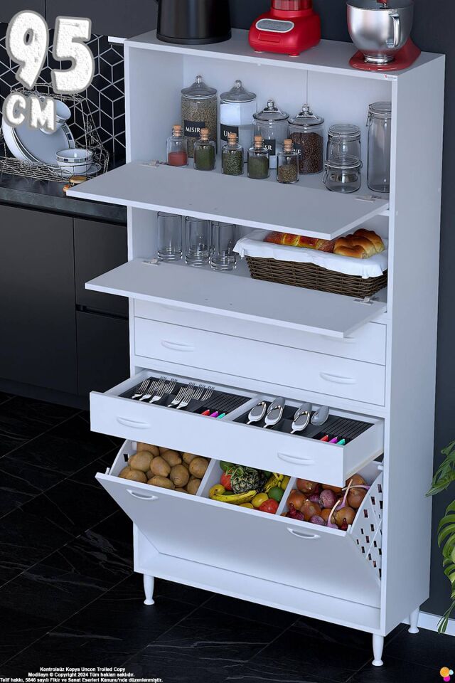 Yaren 95 cm Erzak Dolabı 2 Kapaklı 3 Çekmeceli Sepetli Çok Amaçlı Mutfak Kiler Dolabı 95x194x32 cm