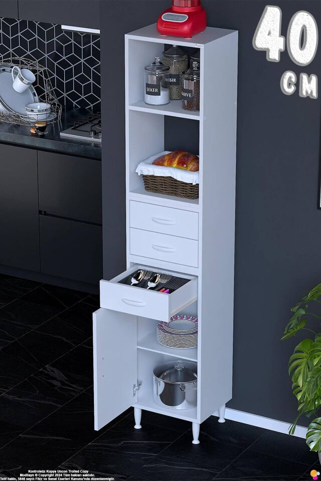 Miray 40 cm Mutfak Standı Mutfak Rafı Çok Amaçlı Dolap Beyaz Kiler Erzak Dolabı 40x194x32 cm