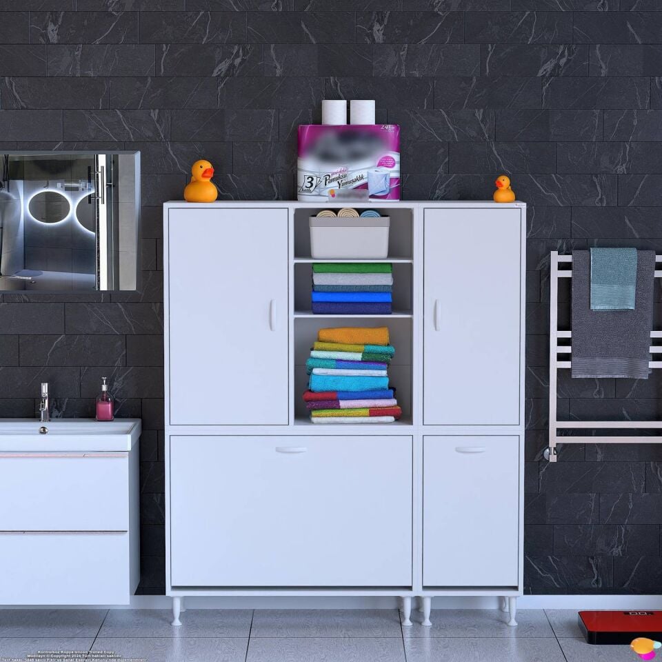 Nil 140 cm Üç Sepetli Beyaz 2 Kapaklı Banyo/Mutfak Çok Amaçlı Dolap ((90+50)x160x32,5 cm)