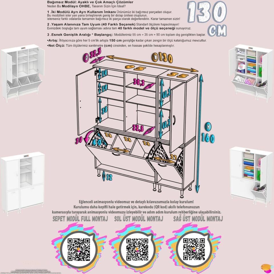 Yaprak 130 cm Beyaz Banyo Dolabı Kiler/Mutfak Dolabı ((95+35)x160x32,5 cm)
