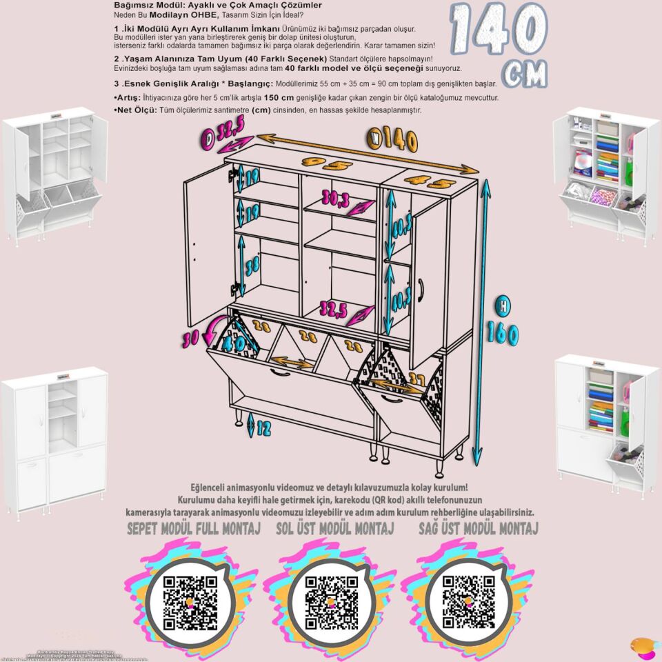 Yaprak 140 cm Beyaz Banyo Dolabı Kiler/Mutfak Dolabı ((95+45)x160x32,5 cm)