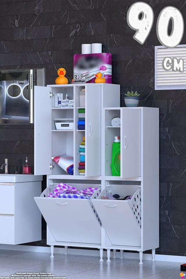 Beliz 90 Sepetli 2 Kapaklı Banyo Dolabı Oyuncak Kiler/Mutfak Dolabı ((55+35)x160x32,5 cm)