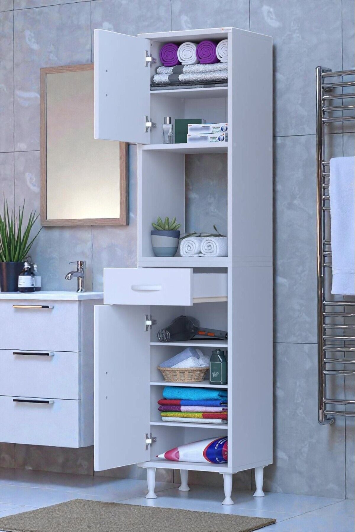 Aria 2 Kapak 4 Raflı 50 cm Beyaz Dolap 50x173x32,5 cm Boyutlarında Çok Amaçlı Beyaz Dolap