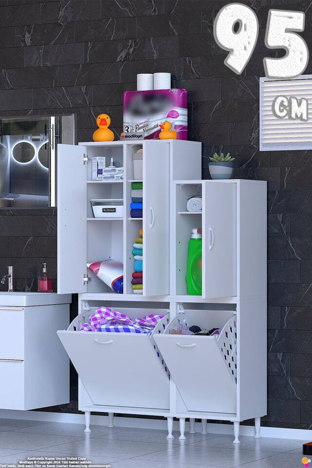Beliz 95 cm Sepetli 2 Kapaklı Banyo Dolabı Oyuncak Kiler/Mutfak Dolabı ((55+40)x160x32,5 cm)