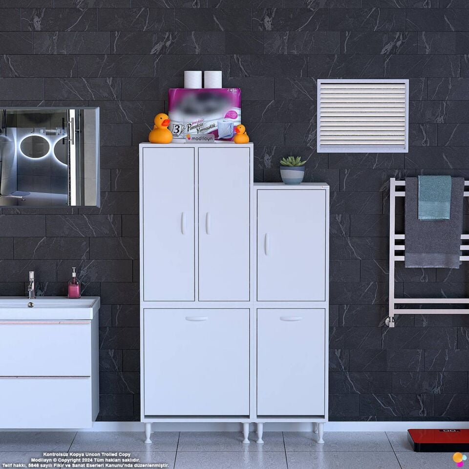 Beliz 95 cm Sepetli 2 Kapaklı Banyo Dolabı Oyuncak Kiler/Mutfak Dolabı ((55+40)x160x32,5 cm)