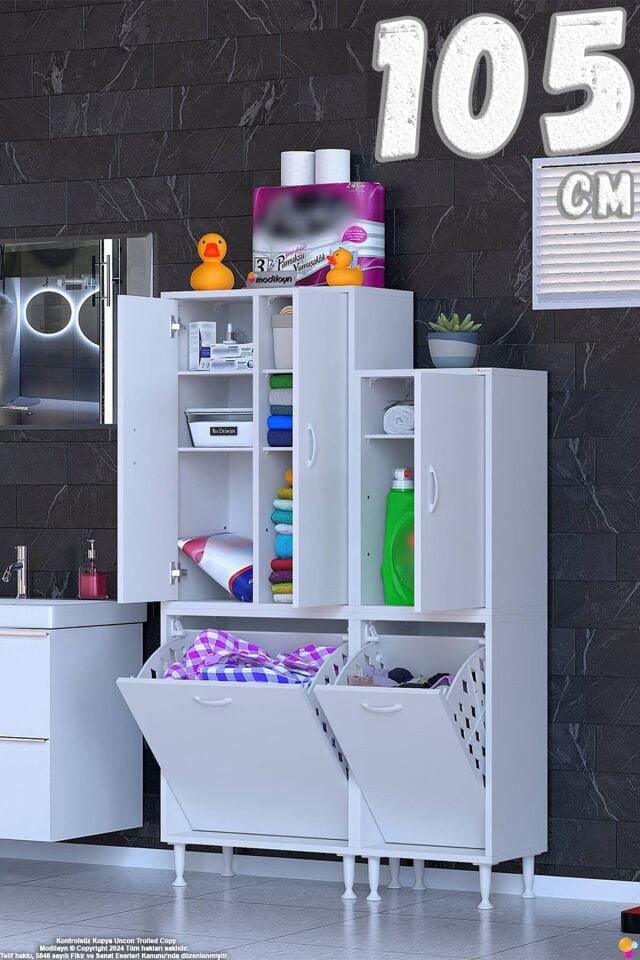Beliz 105 cm Sepetli 2 Kapaklı Banyo Dolabı Oyuncak Kiler/Mutfak Dolabı ((55+50)x160x32,5 cm)