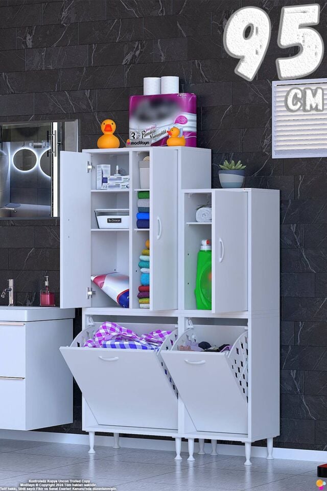 Enes 95 cm Beyaz Çok Amaçlı Dolap Banyo Dolabı 2 Kapaklı Sepetli Dolap ((60+35)x160x32,5 cm)