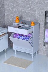 Asil 55 cm Kirli Çamaşır Sepetli Banyo Dolabı 1 Çekmeceli Mutfak Çok Amaçlı Dolap 55x88x32,5 cm