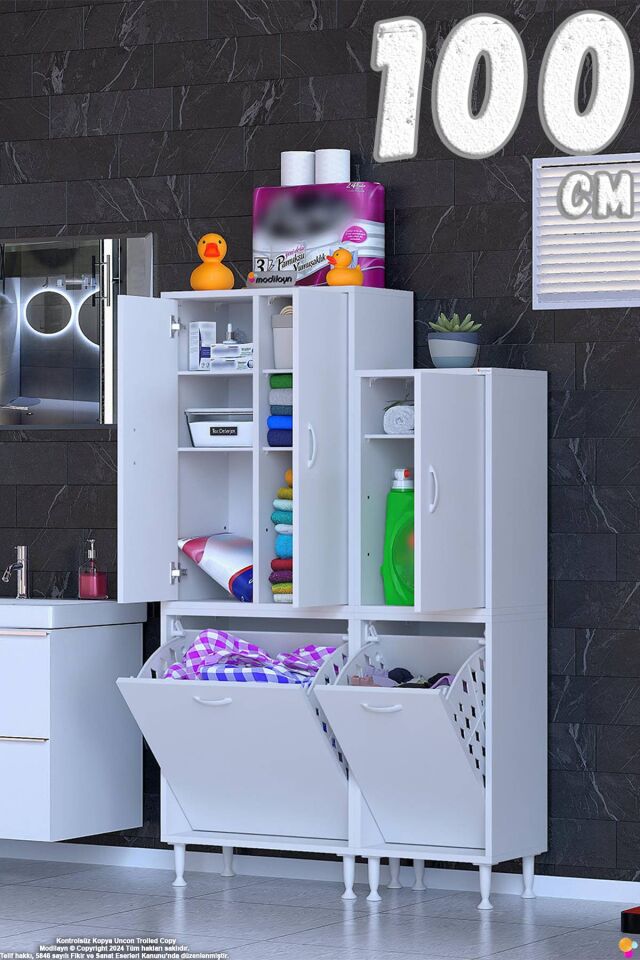Enes 100 cm Beyaz Çok Amaçlı Dolap Banyo Dolabı 2 Kapaklı Sepetli Dolap ((60+40)x160x32,5 cm)