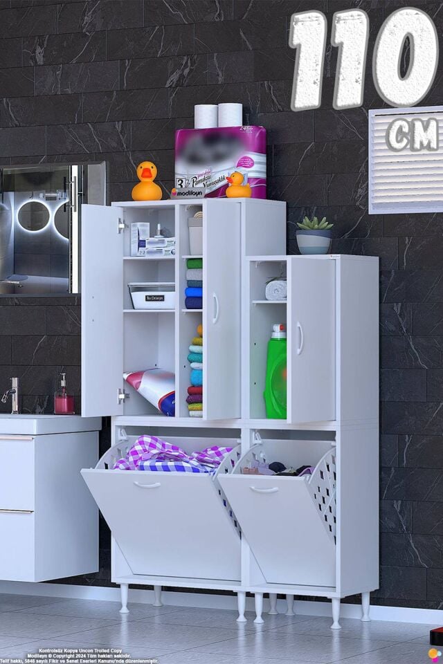 Sultan 110 cm Çift Sepetli Çok Amaçlı Dikey Banyo ve Kiler Dolabı Beyaz ((65+45)x160x32,5 cm)
