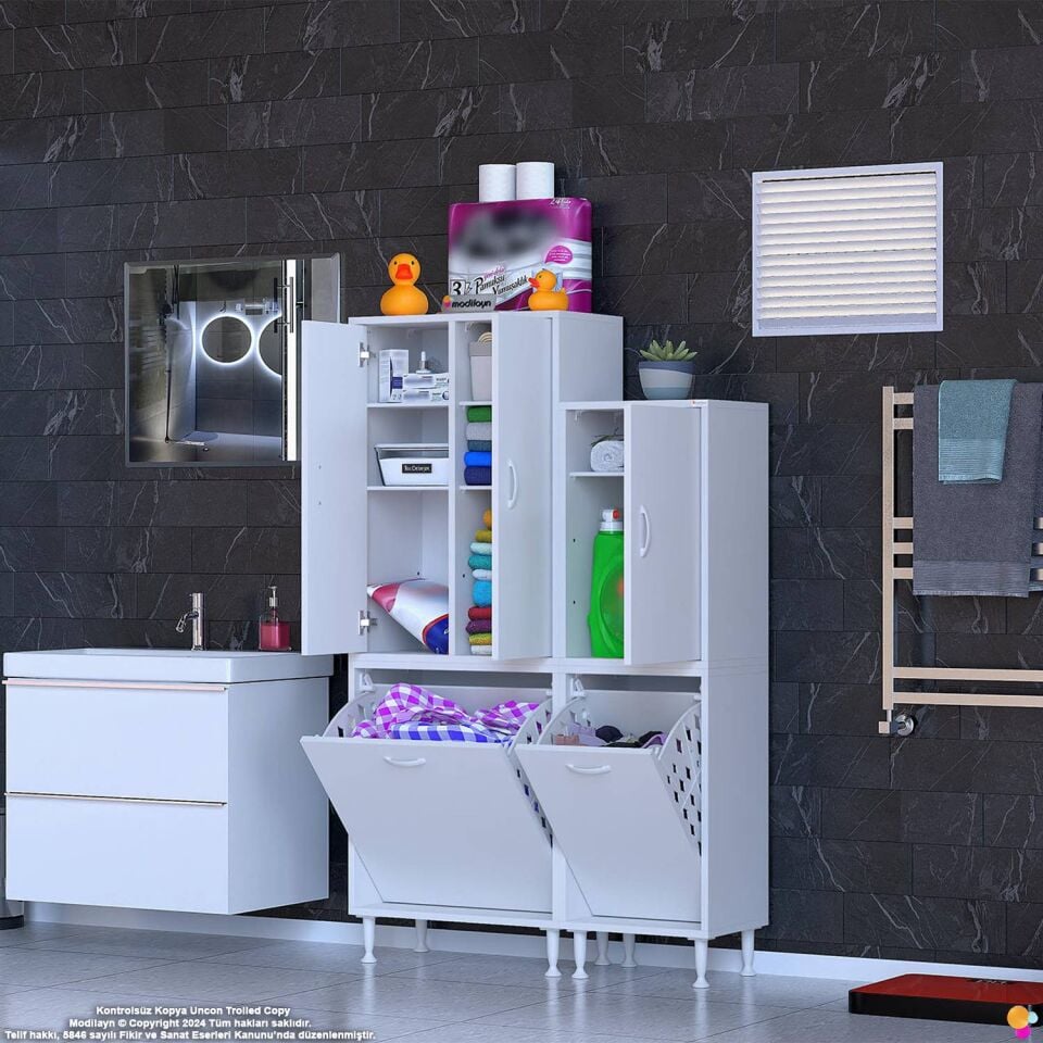 Sultan 110 cm Çift Sepetli Çok Amaçlı Dikey Banyo ve Kiler Dolabı Beyaz ((65+45)x160x32,5 cm)