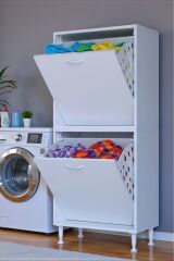 Veluna 55 cm Kirli Çamaşır Sepetli Dolap Banyo Dolabı Beyaz 55x138x32,5 cm 2 Sepetli Dolap