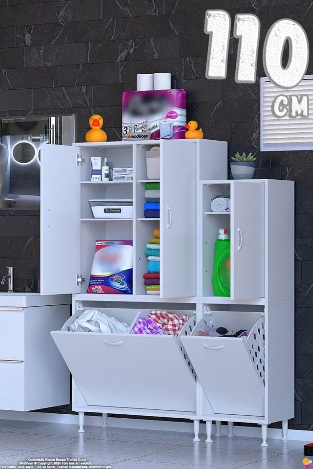 Bedi 110 cm 2 Bölme Sepetli 3 Kapaklı Çok Amaçlı Banyo Mutfak/Kiler Dolabı ((75+35)x160x32,5 cm)