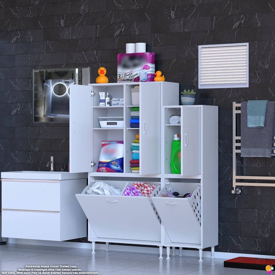 Bedi 110 cm 2 Bölme Sepetli 3 Kapaklı Çok Amaçlı Banyo Mutfak/Kiler Dolabı ((75+35)x160x32,5 cm)