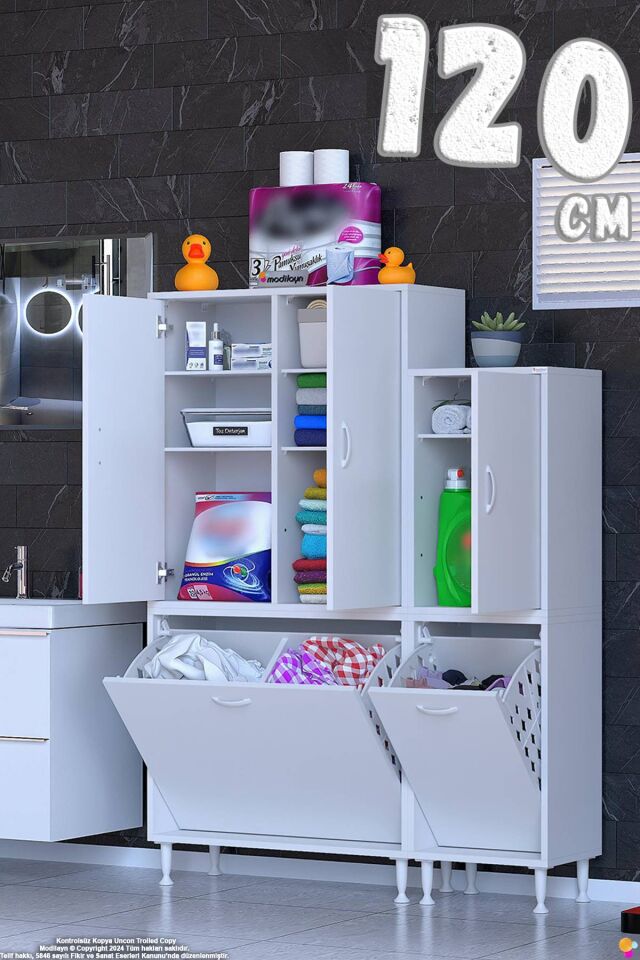 Bedi 120 cm  2 Bölme Sepetli 3 Kapaklı Çok Amaçlı Banyo Mutfak/Kiler Dolabı ((75+45)x160x32,5 cm)